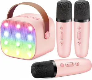 YLL Mini Karaoke Machine for Kids Adults: Portable Loud Speaker with 3 Wireless Microphones -Most Popular Birthday Party Gifts for Girls Boys 3, 4, 5, 6, 7, 8, 9, 10  Year Old Toys Party (Pink-3 Mics)