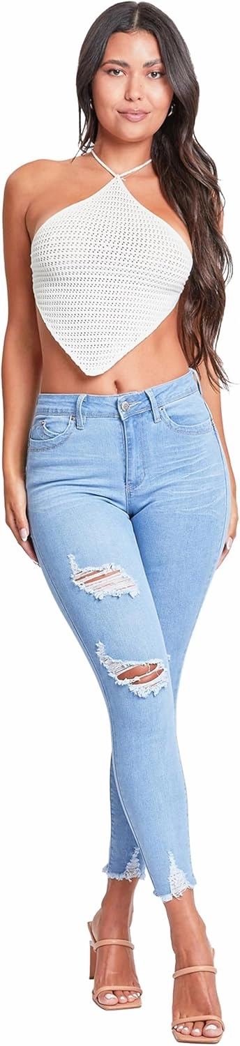 YMI Women's Junior Wannabettabutt Repreve Mid-Rise Ankle Jeans with Frayed Hem