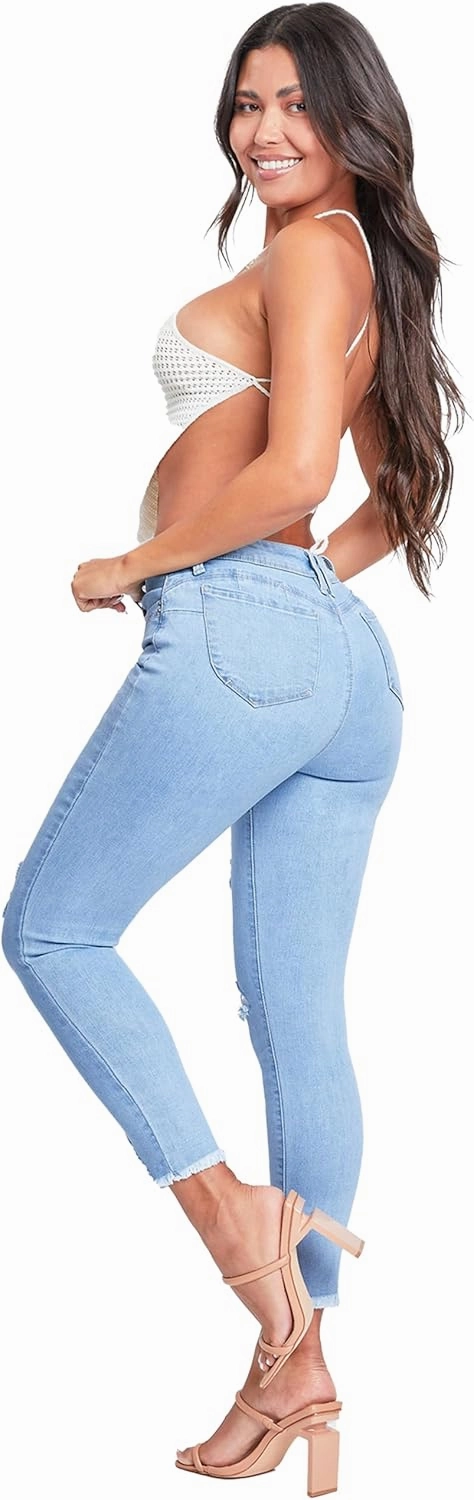 YMI Women's Junior Wannabettabutt Repreve Mid-Rise Ankle Jeans with Frayed Hem