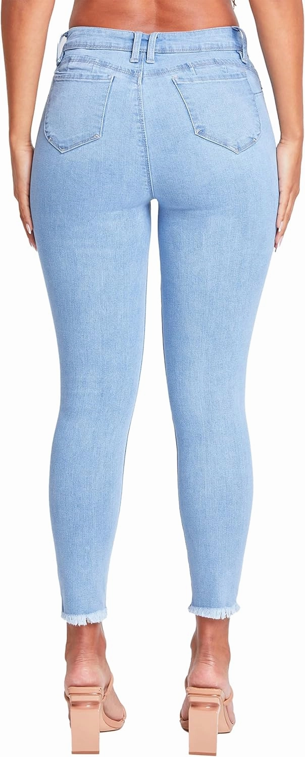 YMI Women's Junior Wannabettabutt Repreve Mid-Rise Ankle Jeans with Frayed Hem