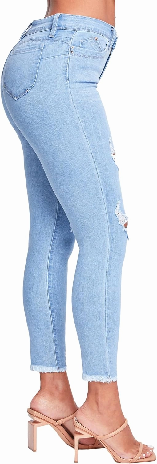 YMI Women's Junior Wannabettabutt Repreve Mid-Rise Ankle Jeans with Frayed Hem