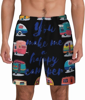 You Make Me Happy Camper Trailer Print Men'S Double Layer Quick Dry Swimming Shorts Beach Short Stretchy Gym Surfing Short