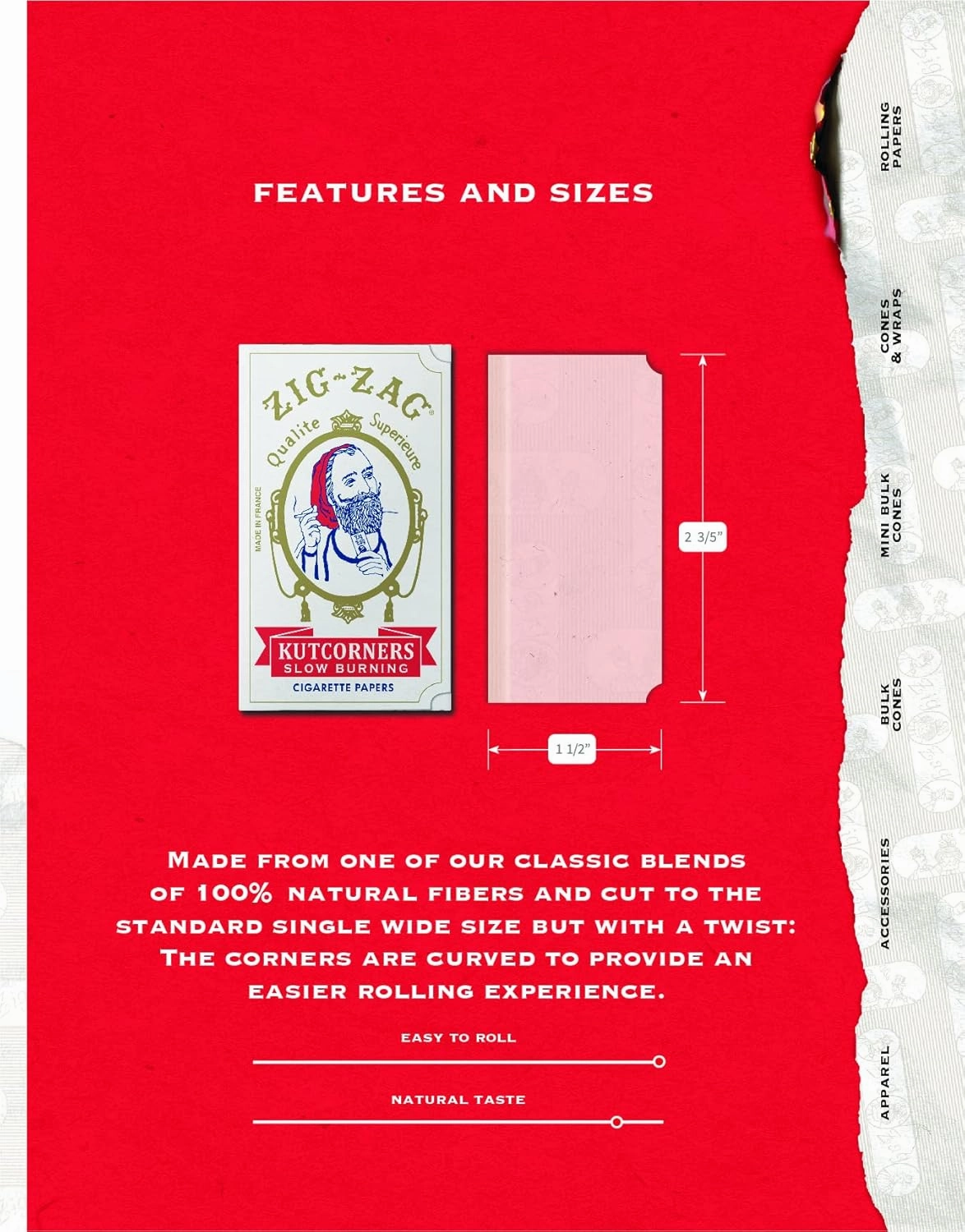 ZIG-ZAG Rolling Papers Original Kutcorner - 70mm - 24 Pack - Easy to Use, Natural Gum Arabic, Slow Burning