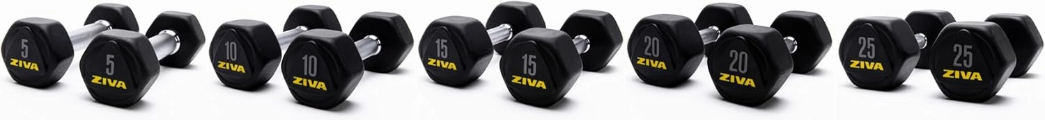 ZIVA Premium Hex Dumbbells – Commercial Grade Rubber Urethane Coated Free Weights for Strength Training, Weightlifting, Home Gym – Durable Steel Core – Sold in Pairs (25–50 Ship by Piece)