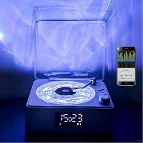 ZSYZDL-Wireless Bluetooth Music Alarm Clock Speaker,mini Record Player with Ambient Light, Clock Display, Upgrades 7 paragraphs of Soothing White Noise,Suitable for Bedroom use,Retro Turntable Design