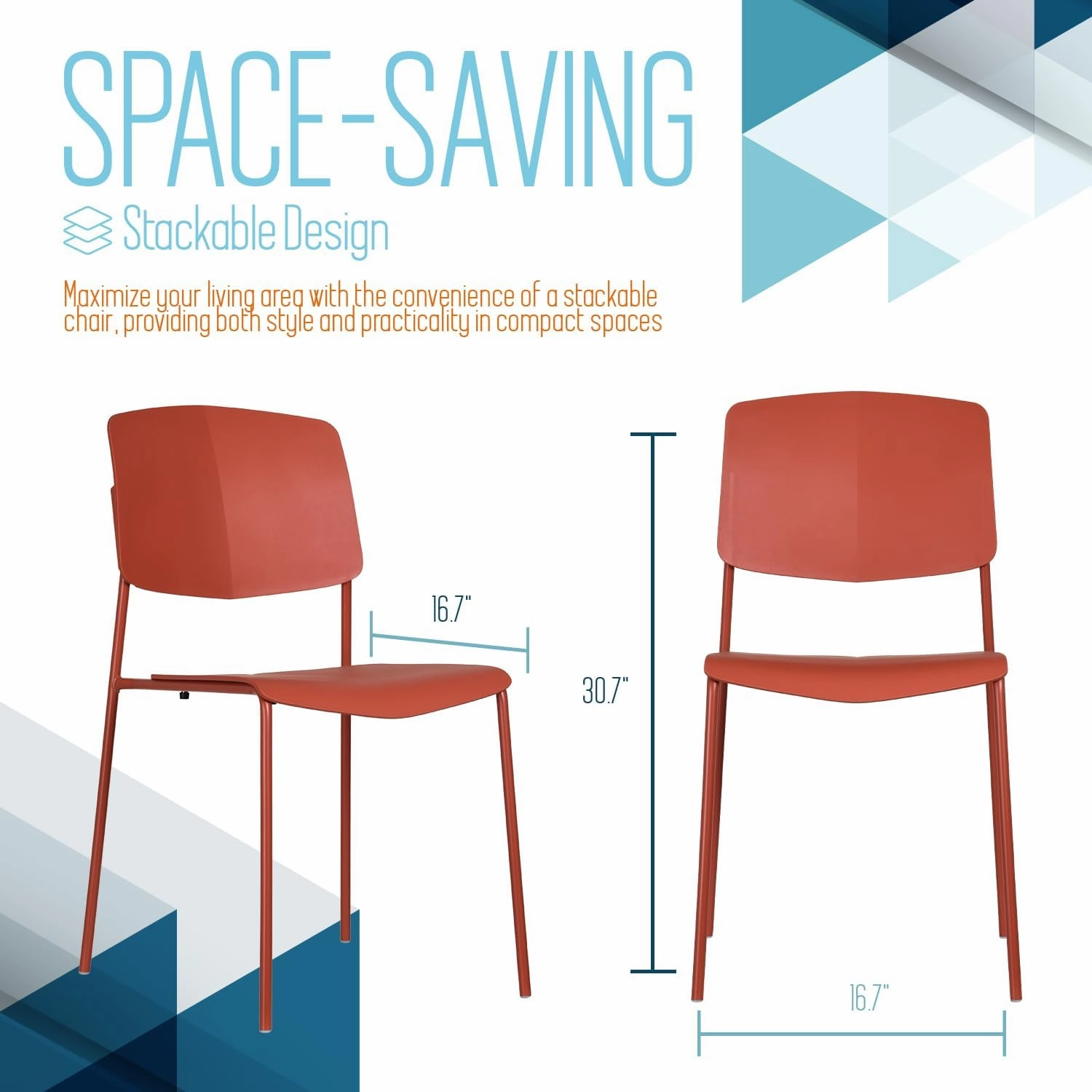 Zuho II Modern Stackable Chair, Fire Orange, Set of 2 – Armless Plastic Stacking Chairs for Outdoor, Dining, Patio, Kitchen, Café – Weather Resistant, Easy Assembly, Space Saver